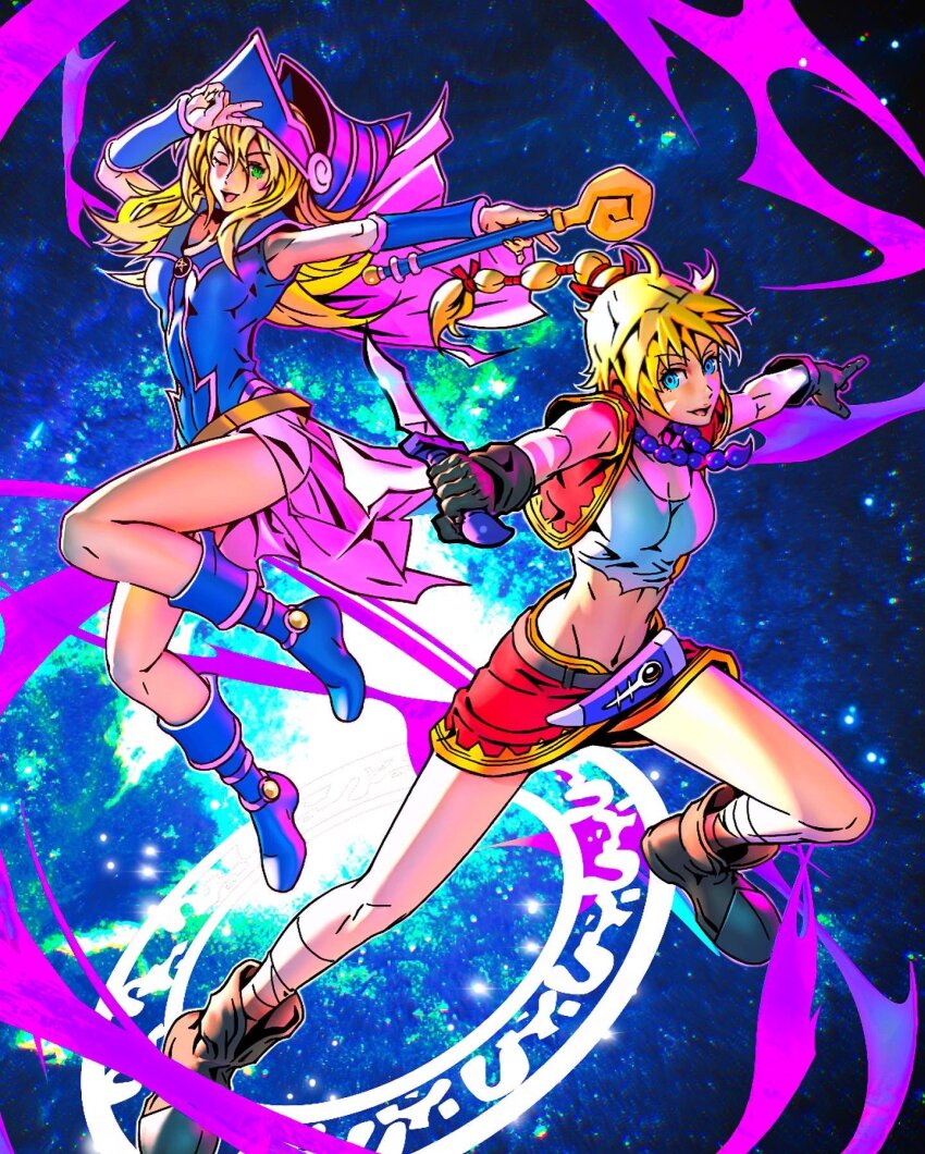 2girls apprentice_illusion_magician arm_markings bandaged_leg bandages bare_shoulders bead_necklace beads blonde_hair blue_eyes blue_footwear blue_helmet blue_leotard blue_sleeves boots breasts brown_footwear brown_gloves chrono_cross cleavage crop_top cropped_jacket dagger dark_magician_girl facial_hair fighting_stance floating full_body gloves gold_trim green_eyes hair_between_eyes hair_ribbon helmet highres holding holding_dagger holding_knife holding_wand holding_weapon jacket jewelry kid_(chrono_cross) knife ldawb leotard long_hair medium_breasts midriff miniskirt multi-tied_hair multiple_girls navel necklace one_eye_closed open_mouth pink_skirt ponytail red_jacket red_ribbon red_skirt ribbon shirt short_sleeves skirt smile torn_clothes torn_shirt v wand weapon white_shirt yu-gi-oh!