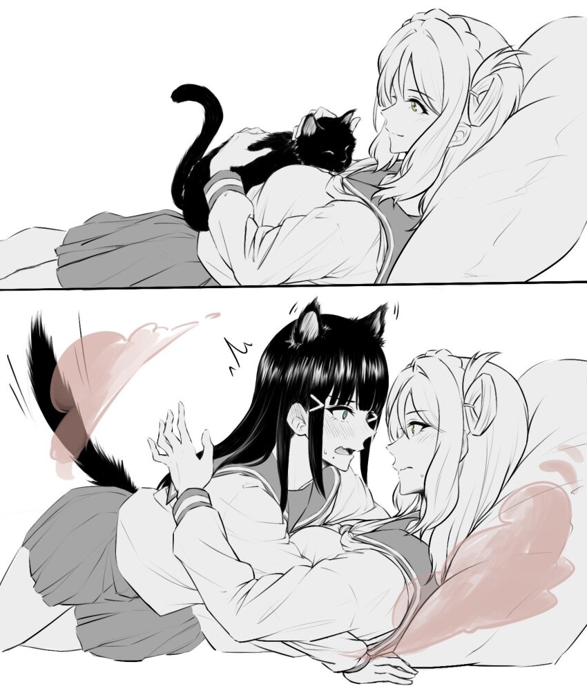 2girls animal_ears blush braid cat_ears cat_girl cat_on_chest cat_tail closed_mouth crown_braid eye_contact fang green_eyes greyscale hair_rings highres kemonomimi_mode kunchim2_cat_transformation_template_(meme) kurosawa_dia long_sleeves looking_at_another love_live! love_live!_sunshine!! lying_on_person medium_hair meme mole mole_under_mouth monochrome multiple_girls ohara_mari open_mouth pleated_skirt reclining sailor_collar school_uniform serafuku shirt single_hair_ring skin_fang skirt smile spot_color tail transformation yakult1124 yuri