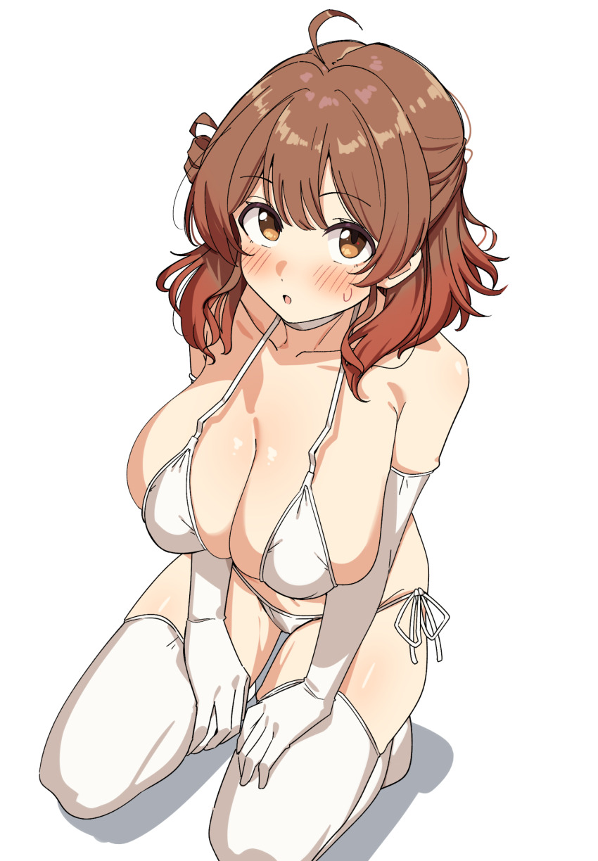 1girl bare_shoulders bikini blush breasts brown_eyes brown_hair choker cleavage collarbone elbow_gloves gakuen_idolmaster gloves hanami_ume highres idolmaster large_breasts looking_at_viewer navel open_mouth revision seihekiog short_hair side-tie_bikini_bottom solo swimsuit thighhighs thighs white_background white_bikini white_choker white_gloves white_thighhighs