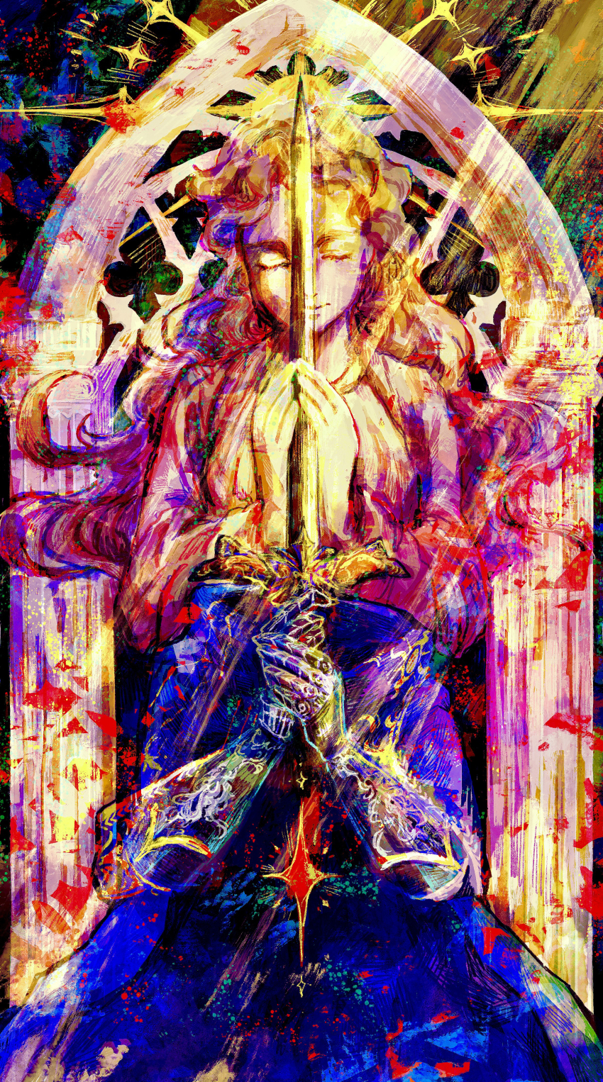 1boy a_knight_(reverse:1999) absurdres arch blue_cloak cloak gauntlets hands_up highres holding holding_sword holding_weapon invisible light_rays male_focus otonoha_aika own_hands_together reverse:1999 solo statue straight-on sunlight sword sword_in_front_of_face two-handed weapon