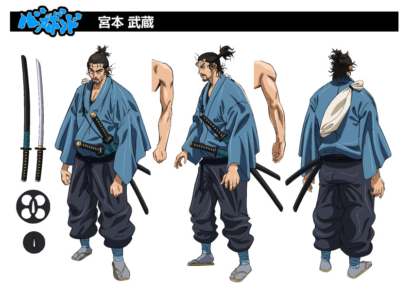 1boy black_hair black_pants grandguerrilla haori highres japanese_clothes katana looking_at_viewer male_focus miyamoto_musashi_(vagabond) multiple_swords multiple_views pants parted_lips ponytail sandals scabbard sheath standing sword tabi vagabond weapon