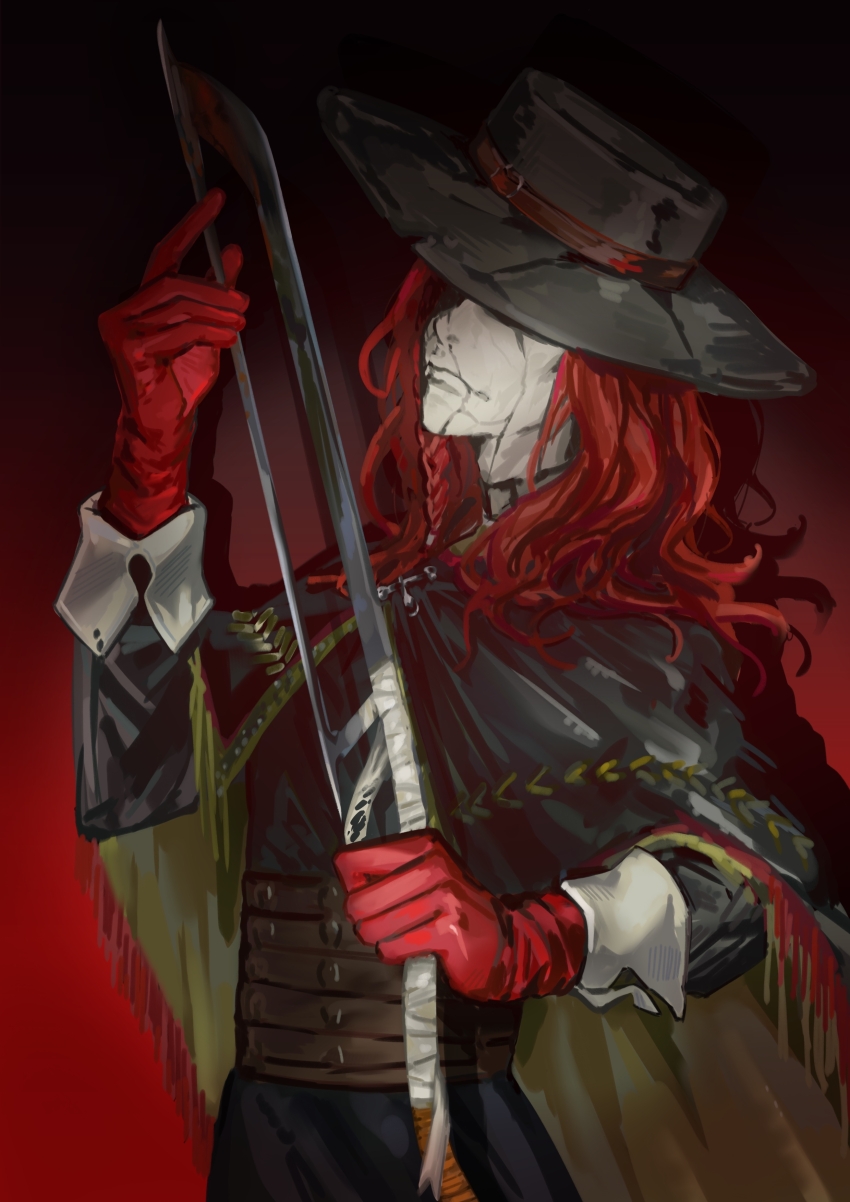 1boy absurdres aleph_(reverse:1999) black_background black_cape black_hat black_jacket cape closed_mouth covered_eyes cracked_skin gloves gradient_background hacksaw hair_over_eyes hand_on_blade hands_up hat highres holding_saw jacket long_hair long_sleeves male_focus merlin_(reverse:1999) red_background red_gloves red_hair reverse:1999 saw solo upper_body xiao_mo_(xiaomo312)