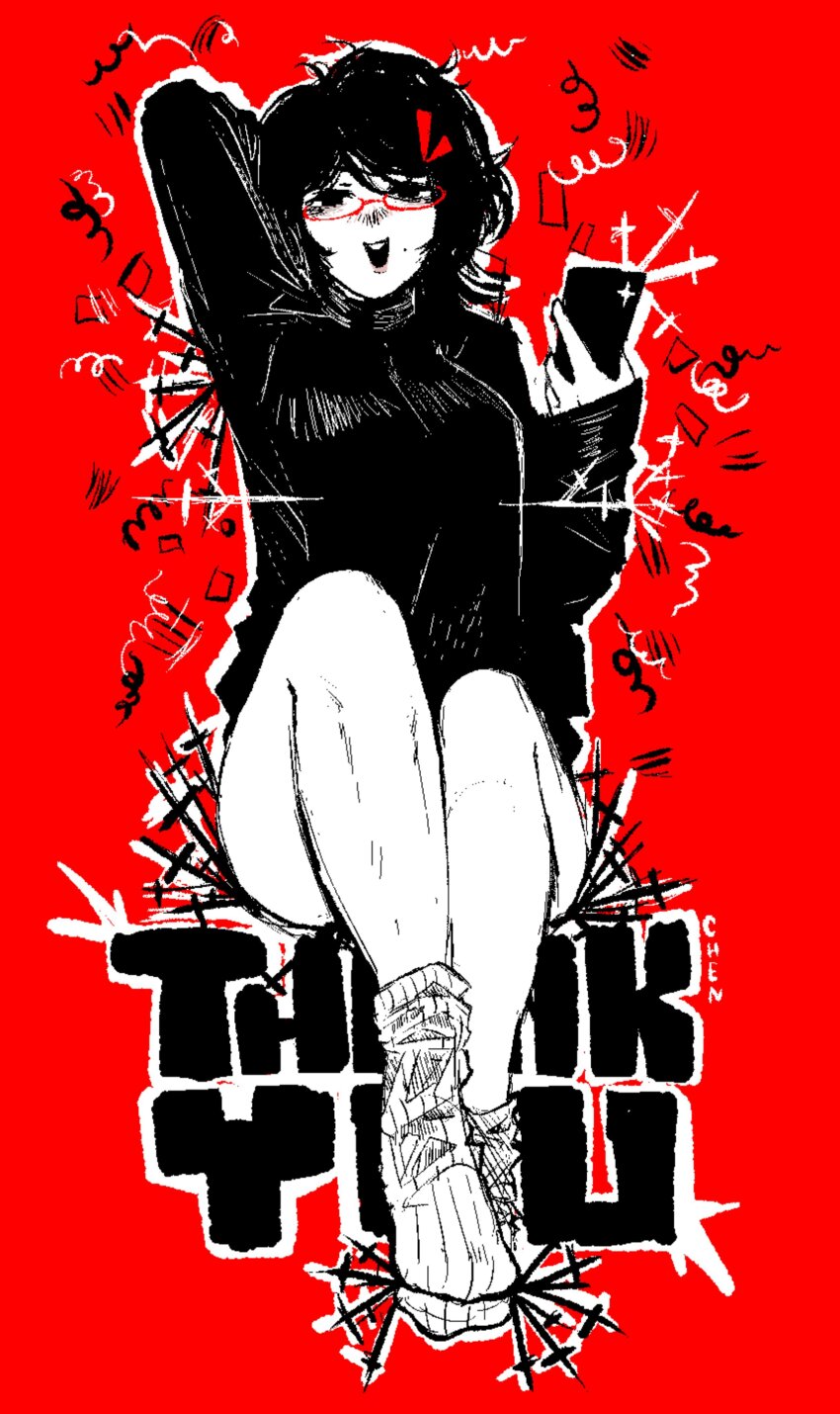 1girl absurdres black_hair black_sweater glasses highres holding holding_phone non-web_source original phone red_background short_hair sitting smile socks sweater thank_you twitter