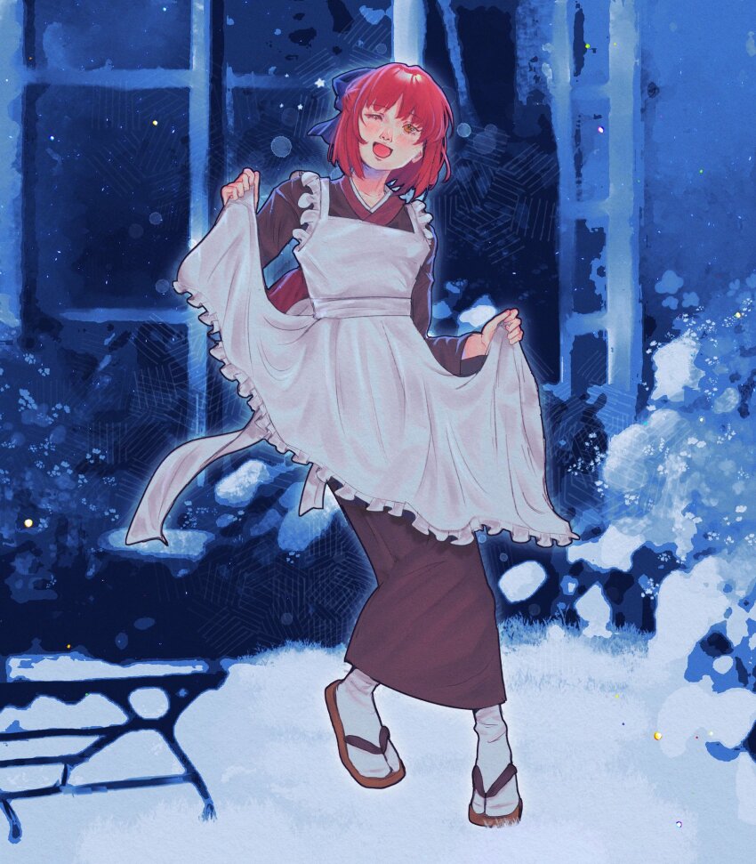1girl apron blue_background blue_bow bow brown_kimono hair_bow hedge highres japanese_clothes kimono kohaku_(tsukihime) leaning_to_the_side maid maid_apron one_eye_closed purplerider red_hair sandals skirt_hold smile snow snowing socks standing standing_on_one_leg table tsukihime white_apron white_socks window yellow_eyes