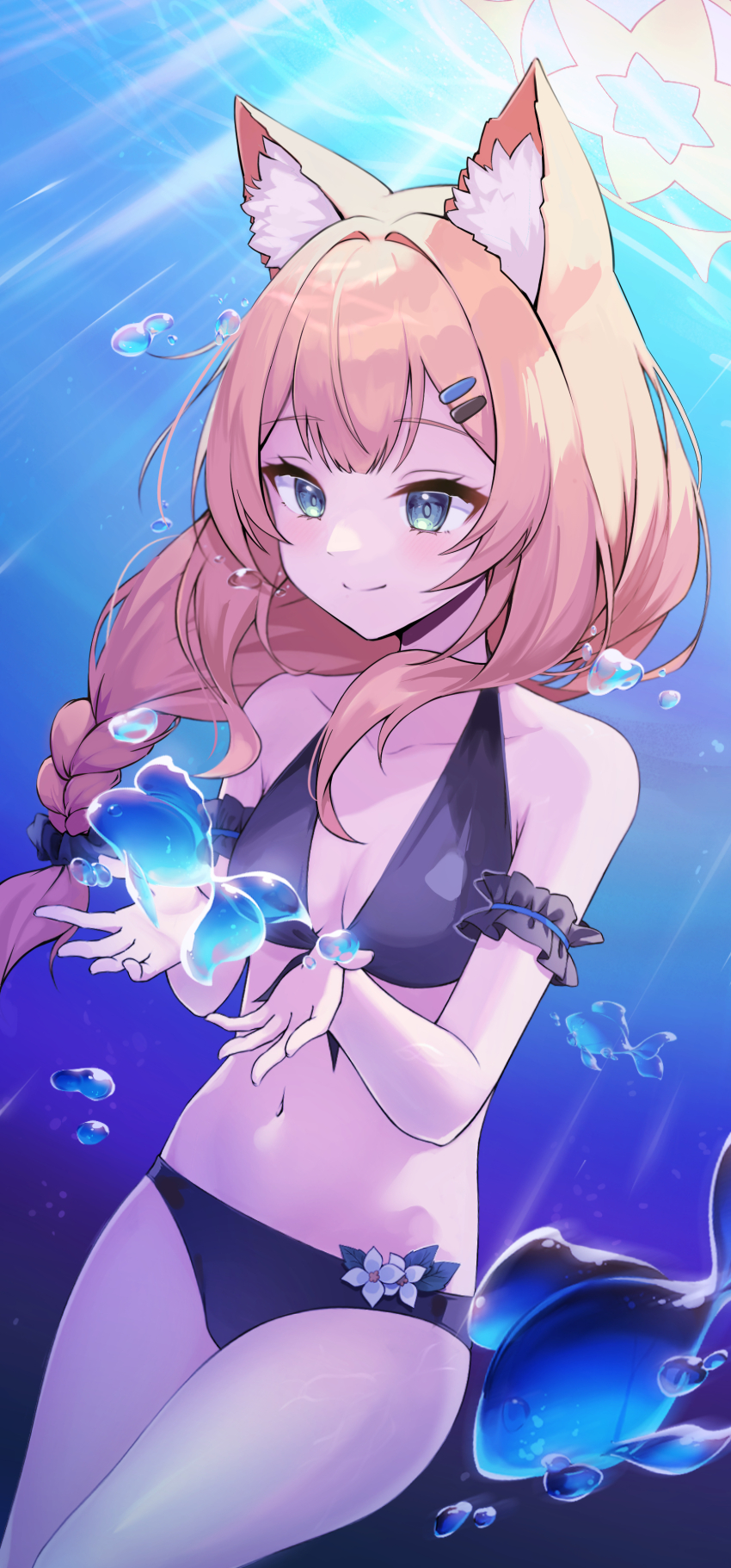absurdres animal_ears bikini black_bikini blue_archive braid braided_ponytail breasts cat_ears cat_girl cleavage closed_mouth commentary_request dvleo fish green_eyes hair_ornament hairpin halo highres long_hair mari_(blue_archive) mari_(swimsuit)_(blue_archive) medium_breasts navel orange_hair smile solo swimsuit underwater yellow_halo