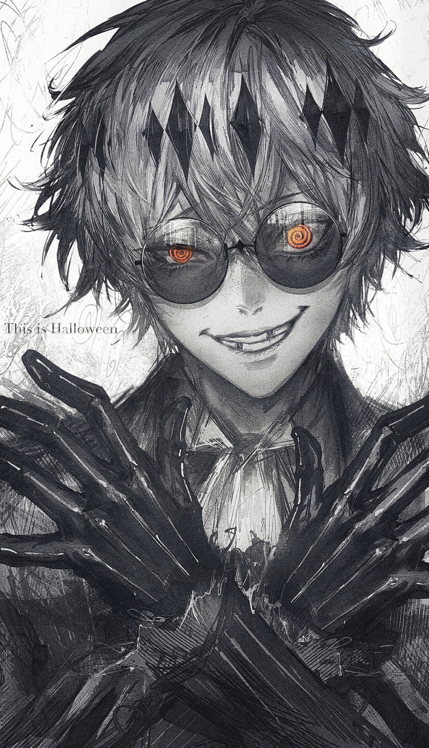 1boy @_@ absurdres commentary gloves grin highres ho9_999 jacket looking_at_viewer male_focus missing_tooth orange_eyes short_hair skully_j._graves smile solo spot_color sunglasses symbol-only_commentary twisted_wonderland uneven_eyes upper_body white_background