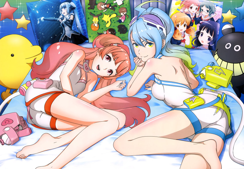 &gt;:) 10s 2girls absurdres ajipon ass barefoot blue_eyes blue_hair darth_wooser feet highres kohashi_wakaba kurokawa_mao legs long_hair looking_back lying mashiba_nao miho_(wooser) miss_monochrome miss_monochrome_(character) multicolored_eyes multiple_girls namae_wo_yonde_wa_ikenai_ano_doubutsu non-web_source nyantype official_art on_side red_eyes red_hair ren_(wooser) rin_(wooser) sumako_(ultra_super_anime_time) supika_(ultra_super_anime_time) tokita_moeko ultra_super_anime_time v-shaped_eyebrows very_long_hair wakaba_girl wooser_(character) wooser_no_sono_higurashi yellow_eyes yuu_(wooser)