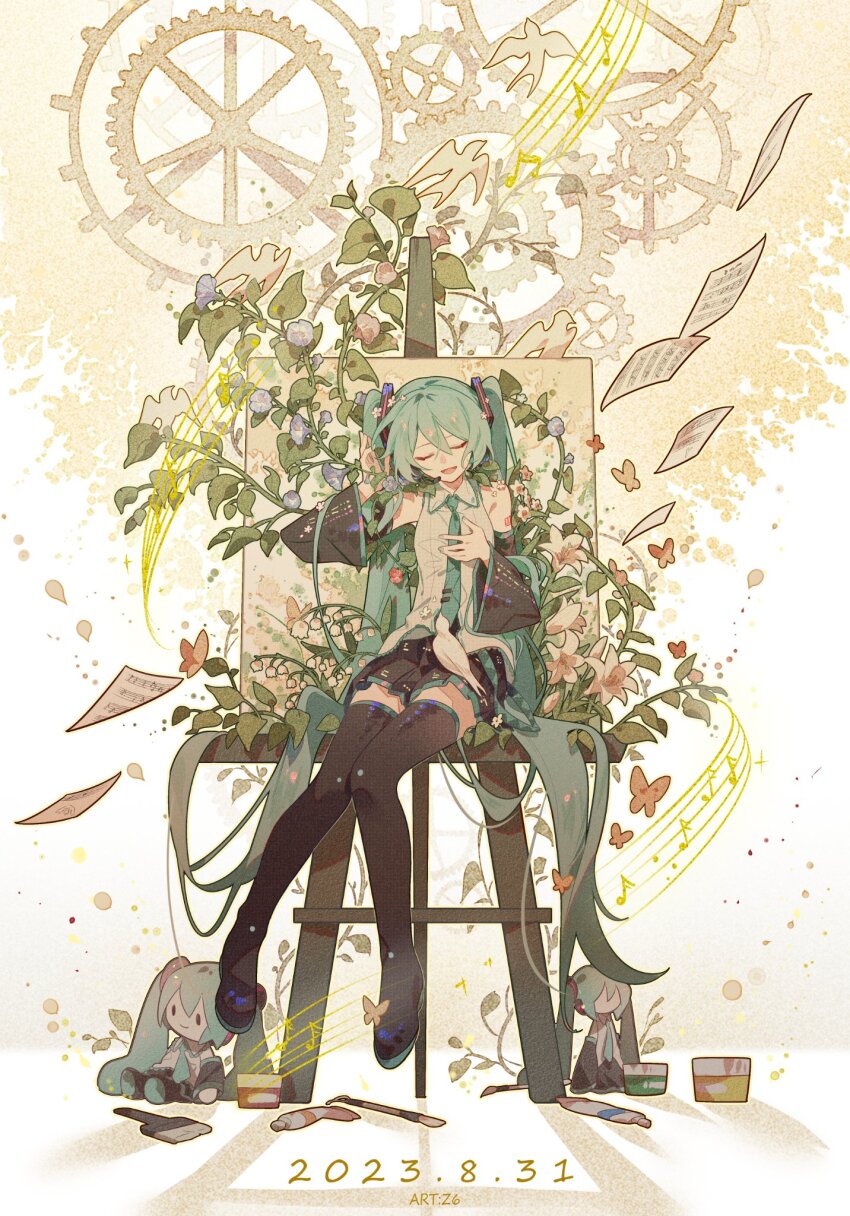 1girl artist_name bare_shoulders bird bird_on_lap black_shoes black_skirt black_sleeves black_thighhighs blue_hair blue_necktie bug butterfly character_doll closed_eyes collared_shirt commentary dated detached_sleeves easel frilled_skirt frills full_body gears hair_ornament hand_on_own_chest hashtag-only_commentary hatsune_miku highres insect long_hair long_sleeves miniskirt musical_note necktie open_mouth paint_can paintbrush pleated_skirt shadow sheet_music shirt shoes simple_bird sitting skirt sleeveless sleeveless_shirt smile solo thighhighs twintails very_long_hair vocaloid white_background white_bird white_butterfly white_shirt wide_sleeves z6