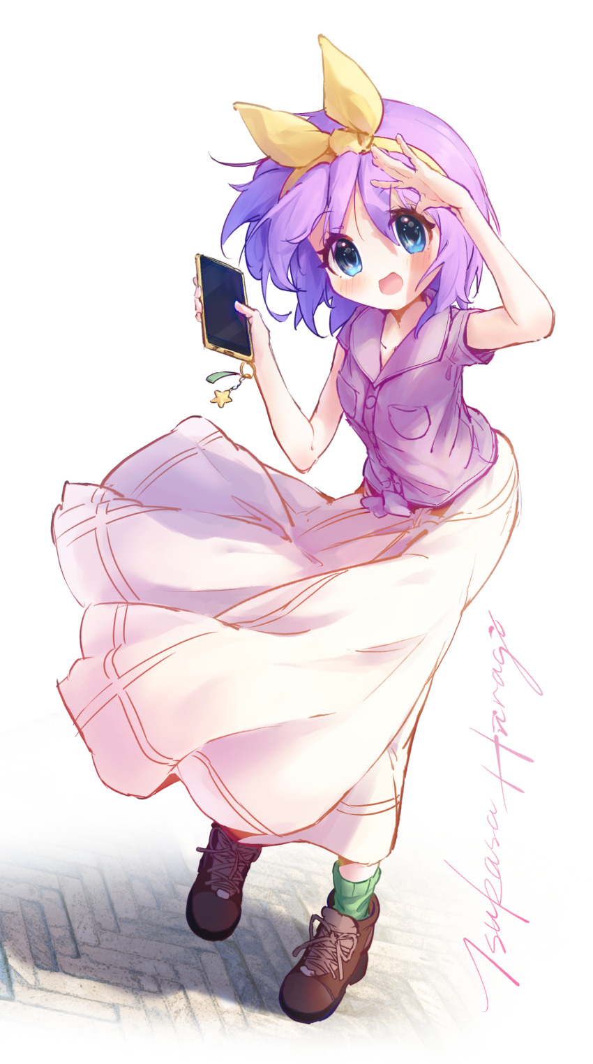1girl absurdres ankle_socks ap04astral blue_eyes blush boots bow breasts brown_boots buttons cellphone_charm character_name charm_(object) chinese_commentary collarbone collared_shirt commentary_request cursive dress_shirt full_body green_socks hair_between_eyes hair_bow hairband hand_up highres hiiragi_tsukasa holding holding_phone long_skirt looking_at_viewer lucky_star medium_hair open_mouth partial_commentary pavement phone pocket purple_hair purple_shirt shirt shoelaces short_sleeves simple_background skirt small_breasts socks solo standing star_charm tareme white_background white_skirt wind yellow_bow yellow_hairband