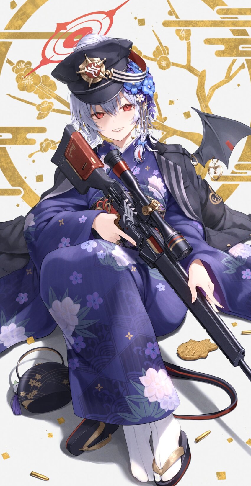 1girl bag blue_archive bullet demon_wings egasumi feet floral_print flower food full_body greenkohgen grey_hair grin gun h&amp;k_psg1 hair_between_eyes hair_flower hair_ornament halo handbag haruna_(blue_archive) haruna_(new_year)_(blue_archive) hat heart heckler_&amp;_koch highres holding holding_gun holding_weapon japanese_clothes kimono knees_up looking_at_viewer mini_wings no_shoes official_alternate_costume print_kimono red_eyes revision rifle sandals shell_casing single_sandal sitting smile sniper_rifle solo tabi tail taiyaki unworn_sandals wagashi weapon wings zouri