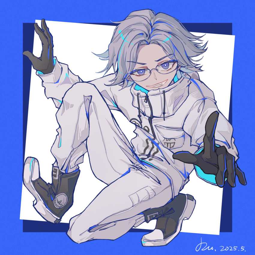absurdres aotsuki_eito black_gloves black_shoes blue_background blue_border border breast_pocket dated drawstring du_da_la evil_grin evil_smile gloves grin hand_up highres male_focus outside_border outstretched_arm outstretched_hand pocket pointing pointing_at_viewer purple_eyes shoes smile square the_hundred_line_-last_defense_academy- two-tone_background white_background zipper
