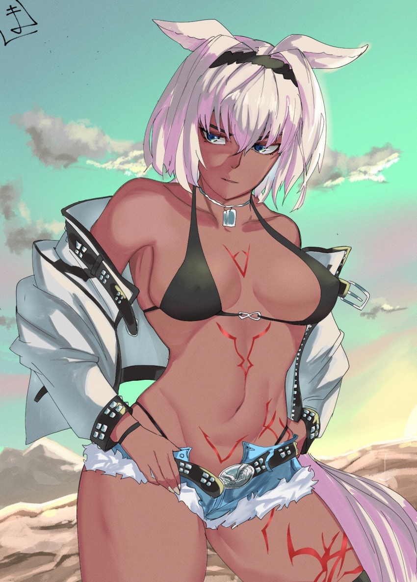 1girl bikini bikini_top_only black_bikini blue_eyes body_markings breasts caenis_(fate) cloud cutoffs dark_skin dog_tags fate/grand_order fate_(series) green_sky hair_intakes highleg highleg_bikini highres jacket large_breasts manta527 mountainous_horizon nail_polish navel pixiv_fate/grand_order_contest_2 sky studded_jacket swimsuit tattoo white_hair white_nails