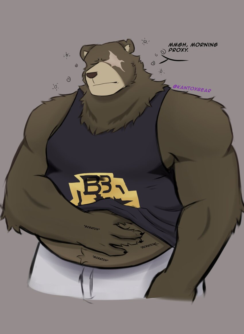 1boy animal_ears artist_name bara bear_boy bear_ears belly ben_bigger biceps black_tank_top brown_fur claws closed_mouth clothes_lift commentary english_commentary english_text furry furry_male hand_on_own_stomach highres kantoxbear male_focus muscular muscular_male notched_ear one_eye_closed pants plump scar scar_across_eye scar_on_face shirt_lift sleepy speech_bubble squeans tank_top twitter_username upper_body white_pants zenless_zone_zero
