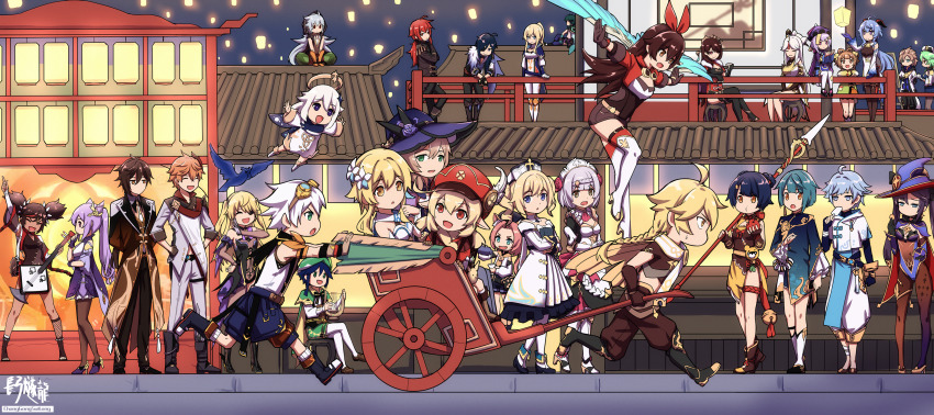 6+boys 6+girls absurdres aether_(genshin_impact) ahoge albedo_(genshin_impact) amber_(genshin_impact) animal_ears architecture bangs_pinned_back barbara_(genshin_impact) beidou_(genshin_impact) bennett_(genshin_impact) bird blunt_bangs braid breasts cape capelet cat_ears cat_girl cat_tail chongyun_(genshin_impact) cleavage clover_print commentary_request crow daidailong detached_sleeves diluc_(genshin_impact) diona_(genshin_impact) dodoco_(genshin_impact) double_bun drill_hair east_asian_architecture everyone eyepatch eyes_visible_through_hair fischl_(genshin_impact) floating ganyu_(genshin_impact) genshin_impact gliding goggles goggles_on_head guitar hair_between_eyes hair_bun hair_ornament hairband halo hat height_difference highres holding holding_instrument holding_polearm holding_spear holding_weapon instrument jean_(genshin_impact) kaeya_(genshin_impact) keqing_(genshin_impact) klee_(genshin_impact) lantern lisa_(genshin_impact) long_hair looking_at_viewer low_ponytail low_twintails lumine_(genshin_impact) mechanical_halo midriff mona_(genshin_impact) multiple_boys multiple_girls navel newsboy_cap ningguang_(genshin_impact) noelle_(genshin_impact) nun nurse_cap over_shoulder oz_(genshin_impact) paimon_(genshin_impact) pointy_ears polearm ponytail pulling pushing qiqi_(genshin_impact) razor_(genshin_impact) rickshaw riding romper running scarf short_hair sidelocks single_braid sitting smile spear sucrose_(genshin_impact) sweat tail thighhighs twin_drills twintails venti_(genshin_impact) vision_(genshin_impact) weapon weapon_over_shoulder white_romper wide_sleeves wings witch_hat xiangling_(genshin_impact) xiao_(genshin_impact) xingqiu_(genshin_impact) xinyan_(genshin_impact) yaoyao_(genshin_impact) zettai_ryouiki zhongli_(genshin_impact)