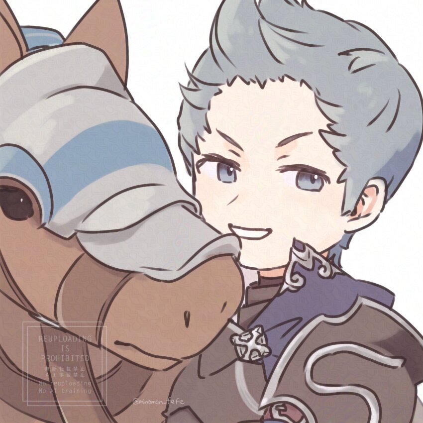 1boy 1other armor barding black_armor collared_cape fire_emblem fire_emblem_fates grey_hair highres horse looking_at_viewer nintendo quiff shoulder_armor silas_(fire_emblem) sorane_amus