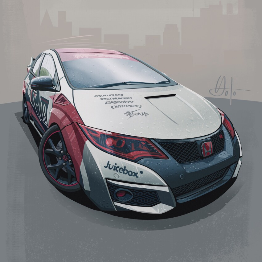 car catalinart grey_car highres honda honda_civic honda_civic_type_r need_for_speed need_for_speed_unbound no_humans shadow signature spoiler_(automobile) sponsor vehicle_focus