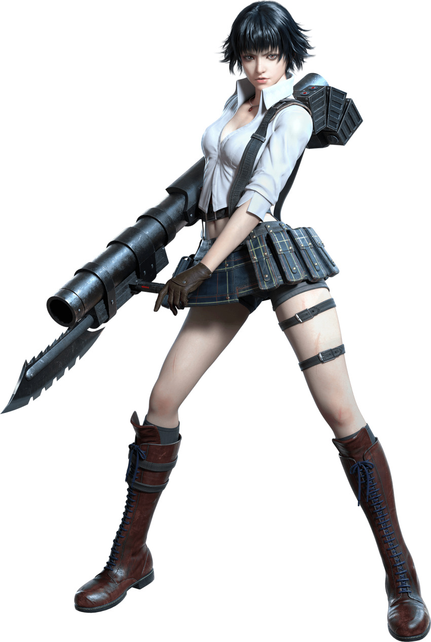 1girl 3d absurdres bike_shorts black_hair boots collared_shirt devil_may_cry devil_may_cry:_peak_of_combat devil_may_cry_(series) devil_may_cry_3 gloves heterochromia highres holding holding_rocket_launcher holding_weapon jewelry kalina_ann_(weapon) lady_(devil_may_cry) midriff necklace official_art rocket_launcher scar scar_on_face scar_on_leg shirt short_hair thigh_strap third-party_source weapon white_shirt