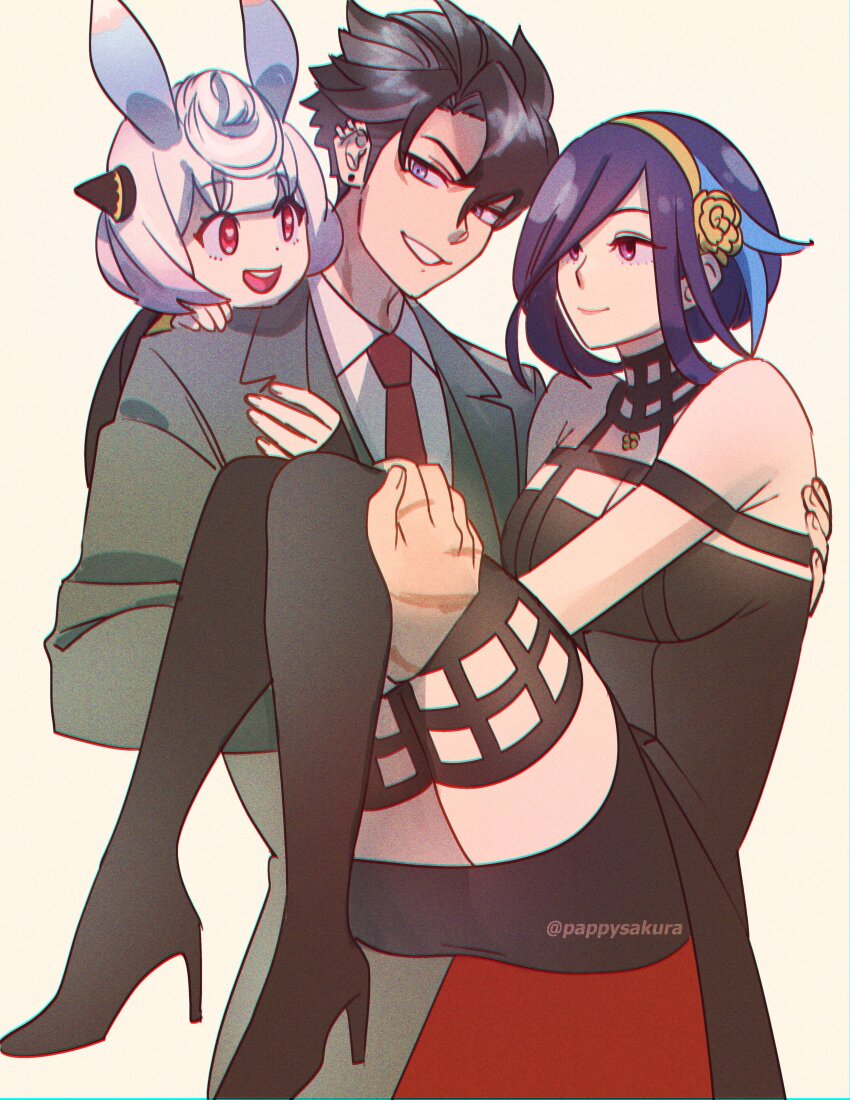 1boy 2girls absurdres animal_ears anya_(spy_x_family) anya_(spy_x_family)_(cosplay) black_dress black_hair breasts carrying carrying_person cleavage clorinde_(genshin_impact) cosplay dress genshin_impact hair_between_eyes hairband high_heels highres large_breasts long_hair long_sleeves low_twintails medium_breasts multicolored_hair multiple_girls necktie princess_carry purple_eyes red_eyes saku_(ladyfubuki) scar short_hair sigewinne_(genshin_impact) smile spy_x_family streaked_hair thighs twilight_(spy_x_family) twilight_(spy_x_family)_(cosplay) twintails wriothesley_(genshin_impact) yor_briar yor_briar_(cosplay)