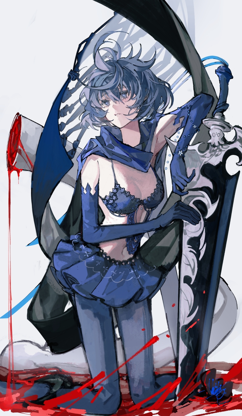 1girl 1mayusibayu arm_up blood blue_eyes blue_gloves blue_hair blue_leggings bra drag-on_dragoon drag-on_dragoon_3 elbow_gloves floating_hair gloves highres kneeling leaning_on_object leggings planted planted_sword planted_weapon scarf short_hair skirt solo sword two_(drag-on_dragoon) underwear weapon