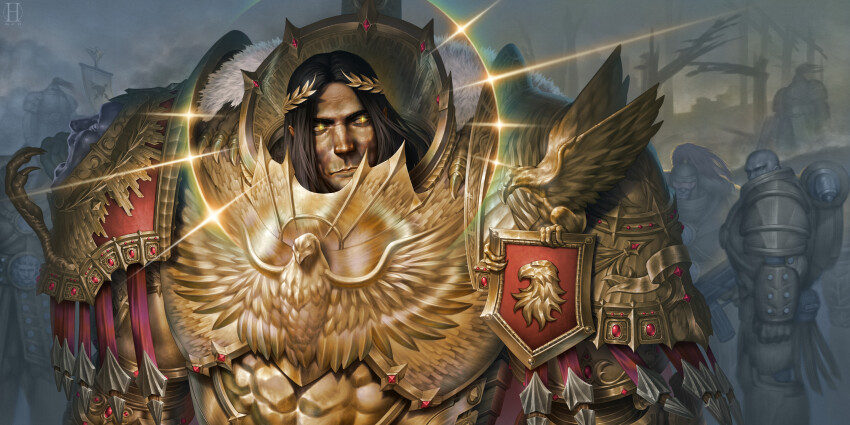 6+boys absurdres armor banner breastplate commentary emperor_of_mankind english_commentary full_armor gem glowing glowing_eyes gold_armor gorget halo highres hinchel_or laurel_crown laurels long_hair looking_at_viewer multiple_boys ornate ornate_armor pauldrons power_armor red_gemstone shoulder_armor talons thunder_warriors vambraces warhammer_40k yellow_eyes