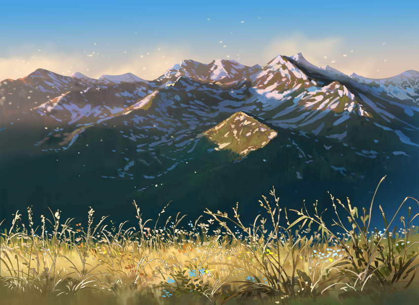 ashorz blue_sky cloud commentary day grass highres mountain no_humans original outdoors scenery sky snow