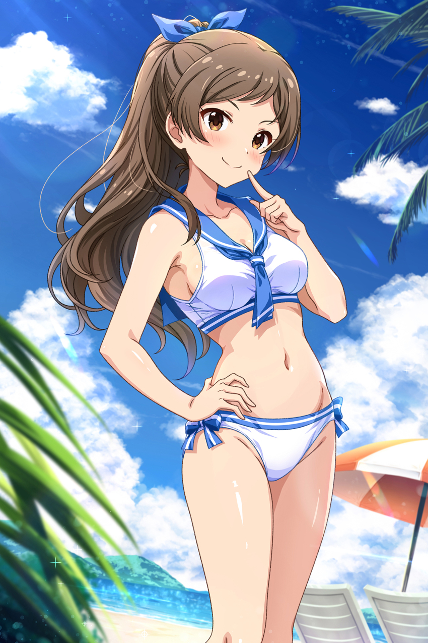 1girl beach bikini blue_neckerchief blue_sailor_collar blush breasts brown_eyes brown_hair cleavage closed_mouth collarbone cowboy_shot day finger_to_cheek hand_on_own_hip highres idolmaster idolmaster_million_live! kitazawa_shiho long_hair looking_at_viewer navel neckerchief outdoors ponytail rocktaso_co_ltd sailor_bikini sailor_collar sailor_swimsuit_(idolmaster) smile solo standing swimsuit white_bikini