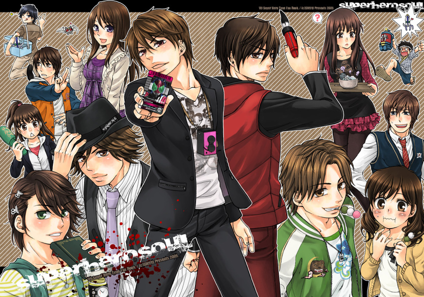 4girls 6+boys :d animification black_hair blush book brown_eyes brown_hair camera card cooler crossover dango english_text fish_skeleton food green_eyes hair_ornament hairclip hanaori_kotoha hat hidari_shoutarou hikari_natsumi ikenami_ryuunosuke jacket jewelry kadoya_tsukasa kaitou_daiki kamen_rider kamen_rider_dcd kamen_rider_w kivala long_hair looking_at_another looking_at_viewer looking_back mouth_hold multiple_boys multiple_girls narumi_akiko necktie one_eye_closed onodera_yuusuke open_mouth oson pants pendant philip philip_(kamen_rider) ponytail samurai_sentai_shinkenger sanshoku_dango shiba_takeru shiraishi_mako shirt short_hair skewer slippers smile super_sentai sweatdrop tani_chiaki tehepero tongue tongue_out triangle_mouth twin-lens_reflex_camera umemori_genta wagashi watch wavy_mouth