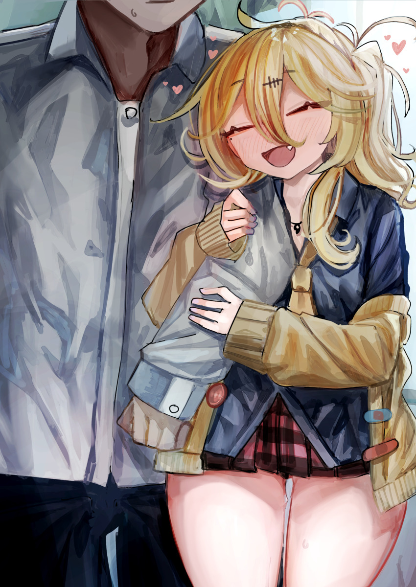 1boy 1girl :d absurdres arm_hug bandaid black_shirt blonde_hair blush cardigan closed_eyes collared_shirt commentary_request cowboy_shot eyes_out_of_frame fang grey_shirt hair_between_eyes head_out_of_frame hetero highres jewelry kasukabe_tsumugi large_variant_set long_bangs long_hair long_sleeves magatama magatama_necklace messy_hair microa miniskirt mole mole_under_eye necklace one_side_up open_cardigan open_clothes open_mouth plaid_clothes plaid_skirt pussy_juice red_skirt shirt skirt smile solo_focus textless_version variant_set voicevox yellow_cardigan