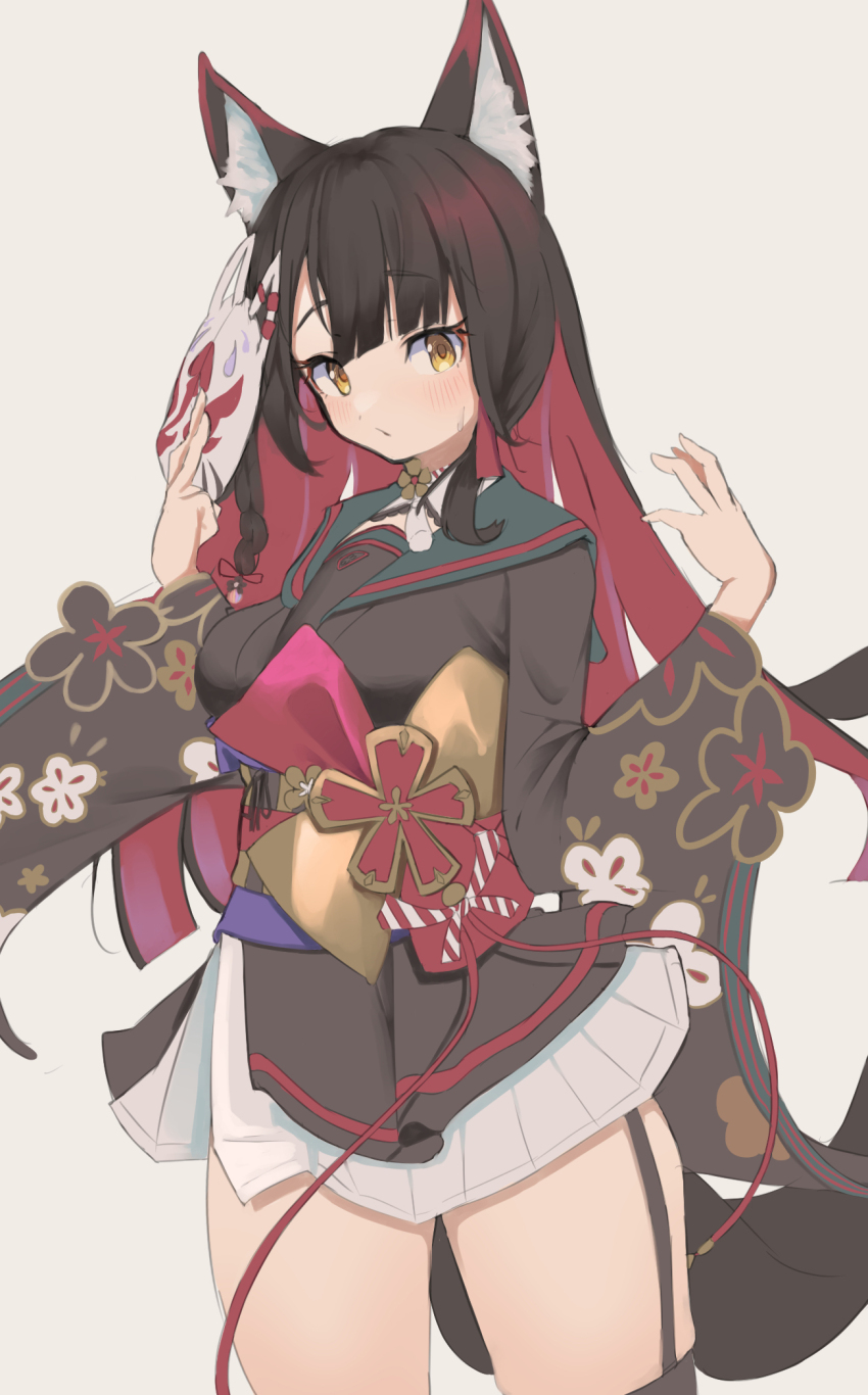 1girl akinoji_(akiponpon27) animal_ear_fluff animal_ears black_hair black_kimono blue_archive breasts commentary_request floral_print floral_print_kimono fox_ears fox_girl fox_mask garter_straps green_sailor_collar grey_background highres holding holding_mask japanese_clothes kimono looking_at_viewer mask partial_commentary pleated_skirt print_kimono red_hair sailor_collar skirt solo wakamo_(blue_archive) white_skirt wide_sleeves yellow_eyes
