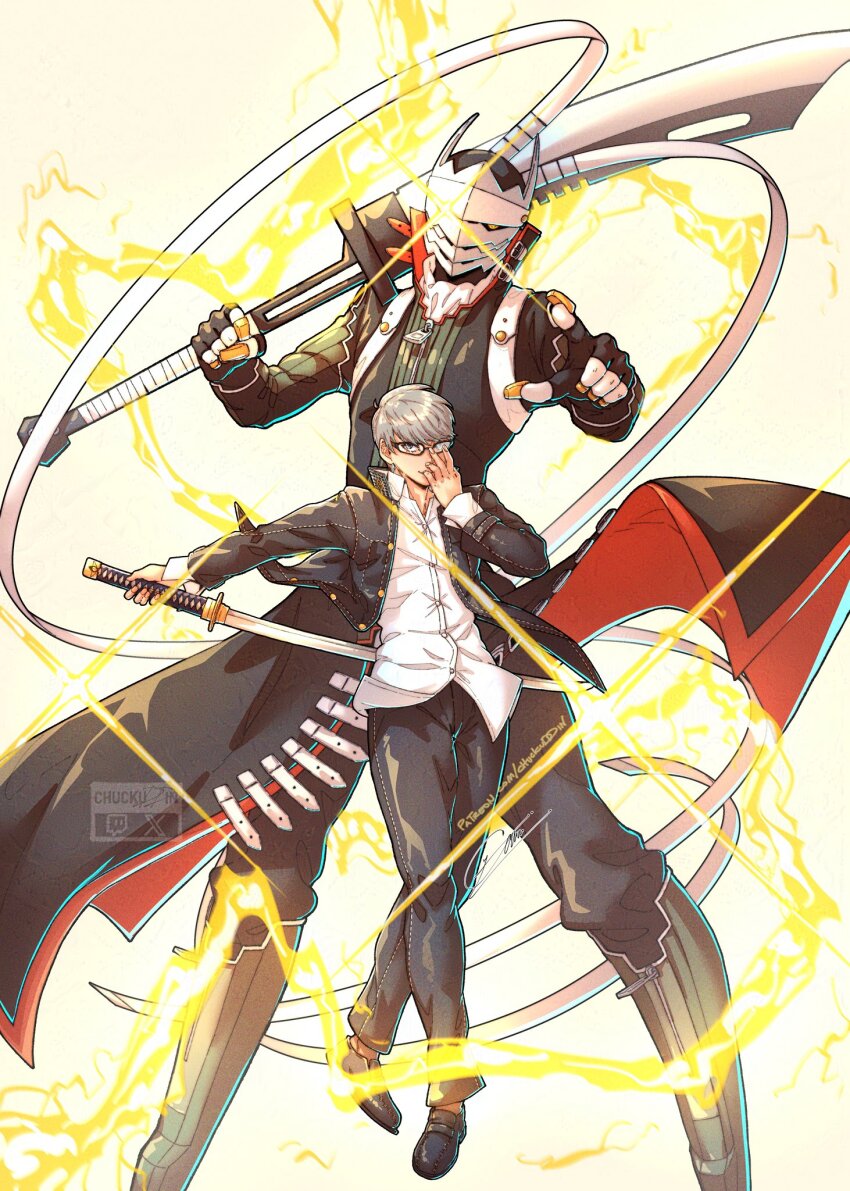 2boys adjusting_eyewear black_coat black_footwear chuckuddin coat collared_shirt electricity fingerless_gloves floating glasses gloves grey_hair highres holding holding_polearm holding_sword holding_weapon izanagi_(persona_4) katana mask multiple_boys naginata narukami_yu persona persona_4 polearm school_uniform shirt short_hair signature simple_background sword weapon white_shirt yasogami_school_uniform yellow_background zipper