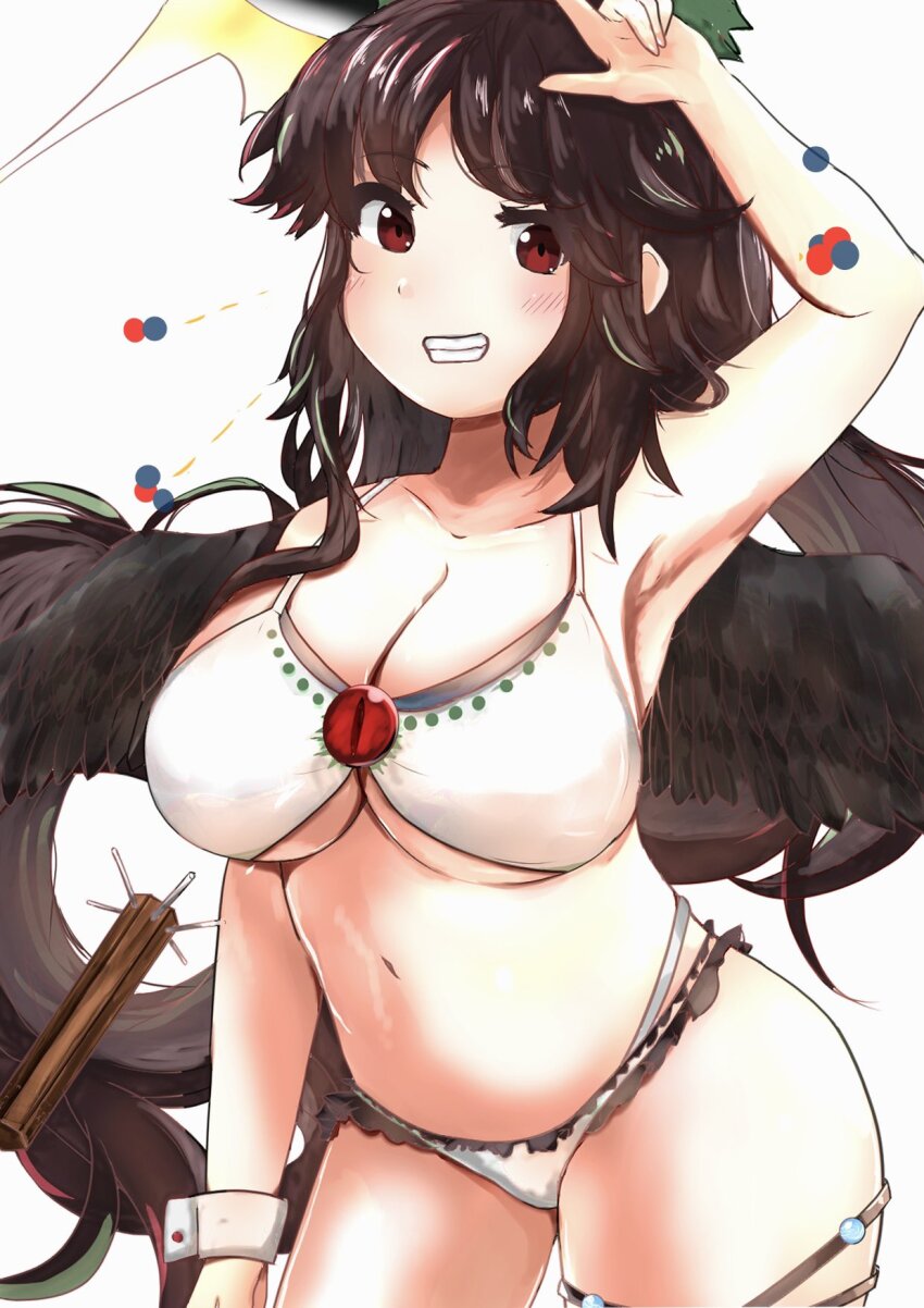 1girl adapted_costume arm_up armpits atom bird_wings breasts brown_hair cleavage commentary_request contrapposto cowboy_shot feathered_wings grin highres large_breasts long_hair looking_at_viewer morizou_shi navel radiation red_eyes reiuji_utsuho simple_background smile solo swept_bangs touhou underboob very_long_hair white_background wings wrist_cuffs