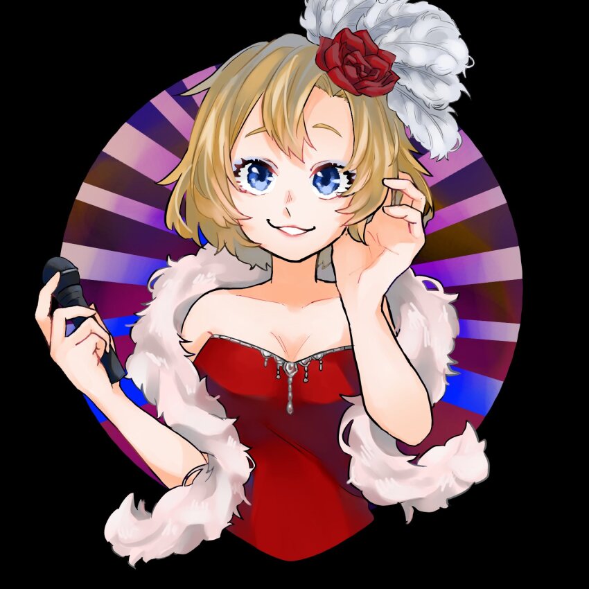 0t4hk 1girl alternate_costume animification blue_eyes brown_hair clarice_(disney) disney dress eyelashes flower hair_flower hair_ornament highres humanization looking_at_viewer mickey_mouse_&amp;_friends personification short_hair smile solo upper_body