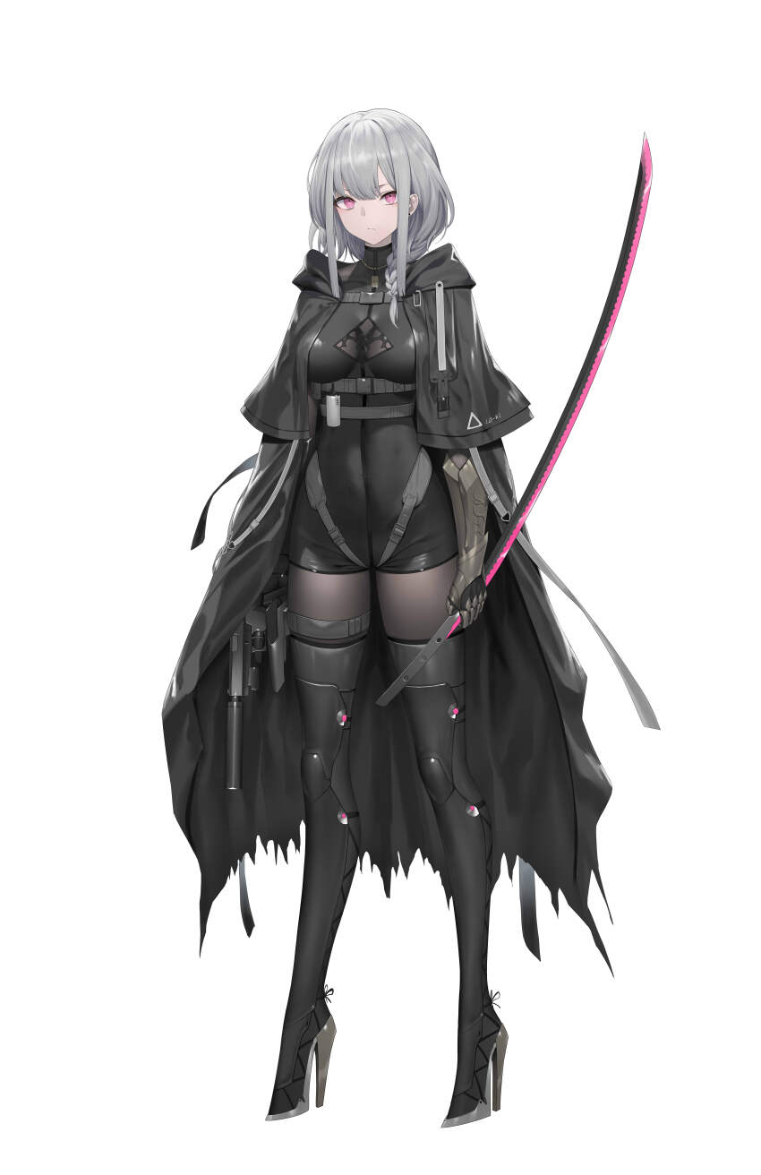 1girl absurdres black_coat black_overalls bodystocking braid cleavage_cutout clothing_cutout coat gauntlets grey_hair gun haze/reverb high_heels highres holding holding_sword holding_weapon looking_at_viewer mechanical_boots medium_hair overalls pink_eyes roi_(liu_tian) simple_background single_braid solo sword tachi-e weapon white_background