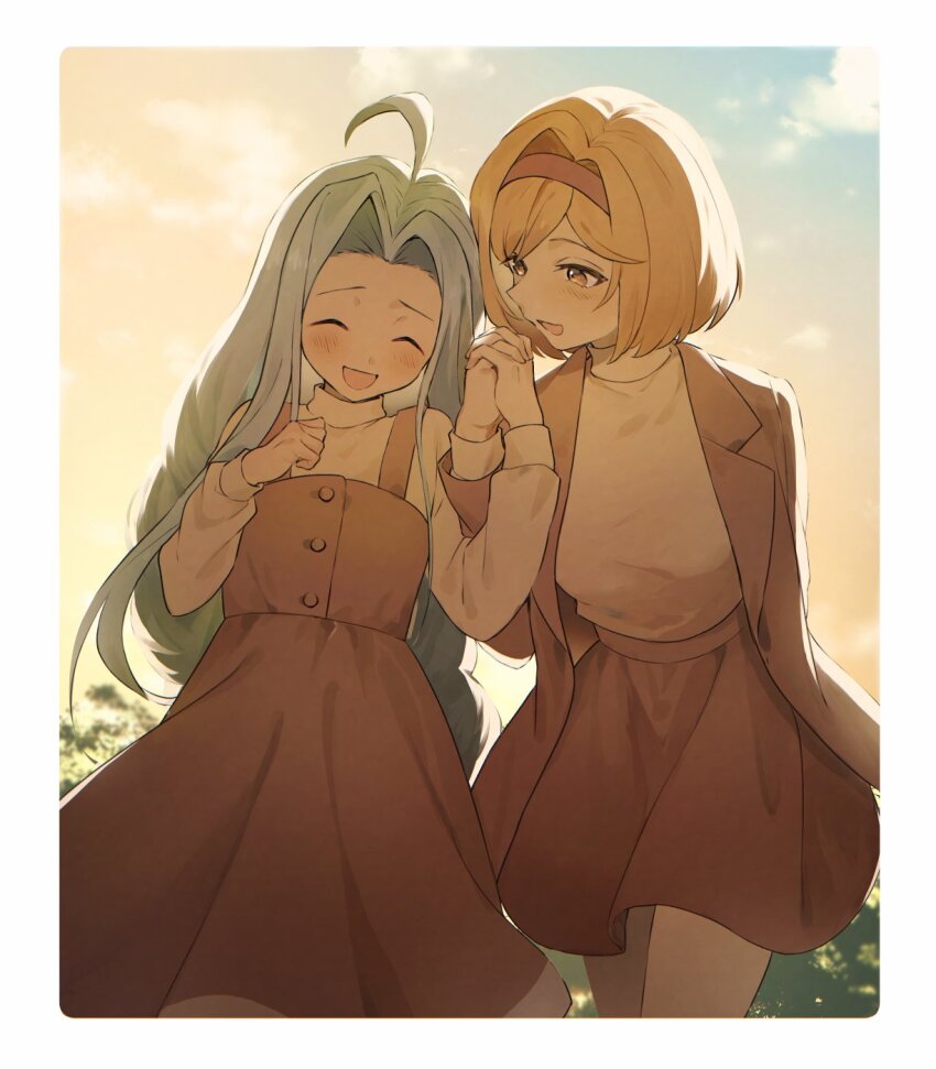 2girls ahoge blonde_hair blue_eyes blue_hair closed_eyes djeeta_(granblue_fantasy) dress granblue_fantasy hairband highres jacket long_hair looking_at_viewer lyria_(granblue_fantasy) multiple_girls open_mouth pink_hairband short_hair smile sweater umeda_shiso very_long_hair