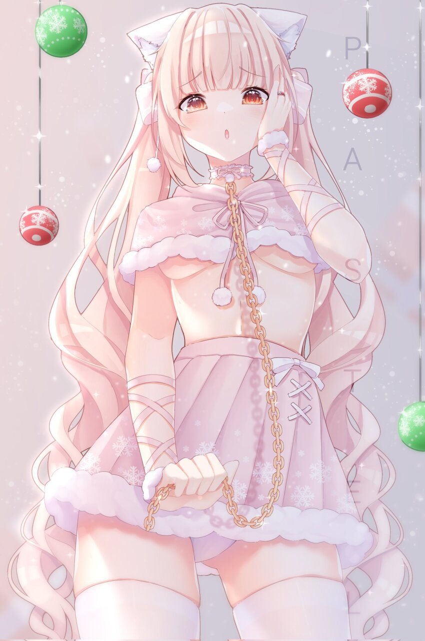 animal_ear_fluff animal_ears blonde_hair blunt_bangs blush breasts brown_eyes capelet chain choker commentary cowboy_shot english_commentary fur-trimmed_capelet fur-trimmed_skirt fur_trim glint gluteal_fold hand_on_own_face highres holding holding_chain jewelry long_hair looking_at_viewer no_bra open_mouth original panties pastel_teddybear pink_capelet pink_choker pink_ribbon pink_skirt pleated_skirt ribbon ring skirt solo thighhighs twintails underboob underwear very_long_hair wavy_hair white_panties white_thighhighs
