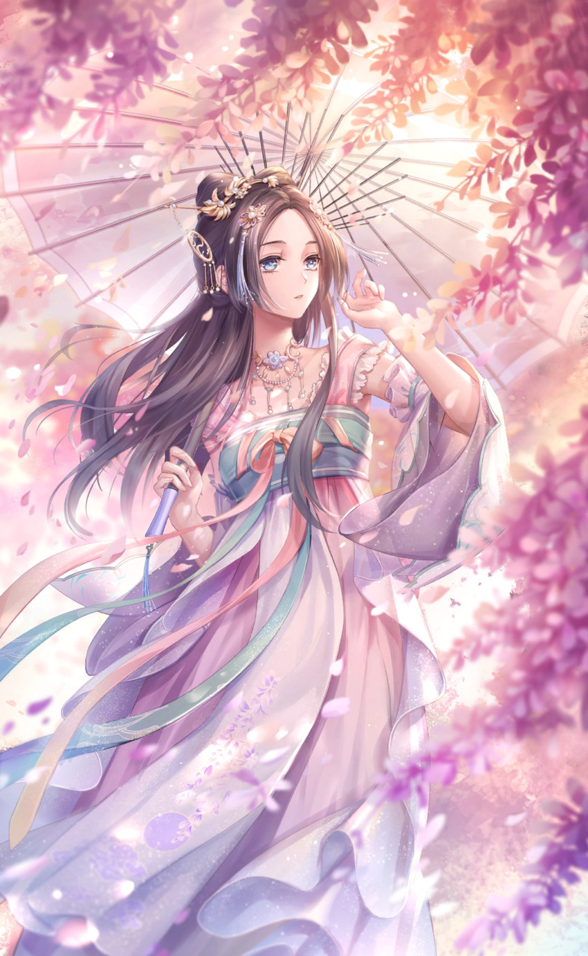 1girl artist_request blue_eyes bow-shaped_hair brown_hair chinese_clothes collarbone dawn_of_spring_(shining_nikki) day detached_sleeves expressionless feet_out_of_frame floating_clothes floating_hair floral_print flower forehead frilled_hanfu game_cg hair_ornament hairpin hand_up hanfu highres holding holding_umbrella jewelry long_hair long_sidelocks long_sleeves necklace nikki_(series) official_art oil-paper_umbrella outdoors parted_lips petals pink_hanfu pink_ribbon purple_flower purple_sleeves qing_yumo ribbon shining_nikki sidelocks sleeveless sleeveless_hanfu solo spring_(season) standing tassel tassel_hair_ornament umbrella umbrella_over_shoulder white_umbrella wide_sleeves wind wisteria