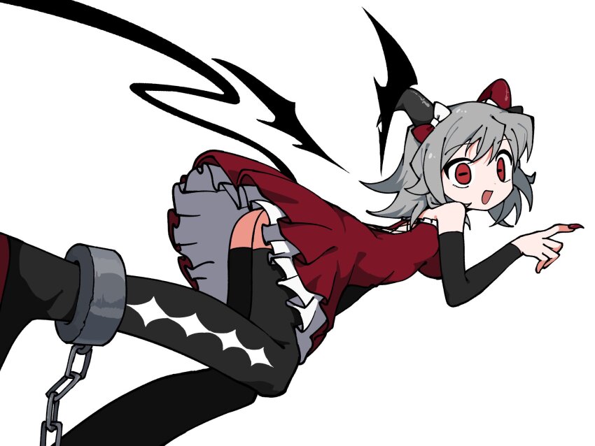 1girl aiobahn black_boots black_sleeves black_wings boots cuffs demon_horns demon_tail demon_wings detached_sleeves dress fingernails frilled_dress frills grey_hair highres horizontal_pupils horns long_sleeves looking_at_viewer medium_hair odayaka open_mouth red_dress red_eyes red_nails shackles sharp_fingernails sidelocks simple_background smile solo tail tententengokujigokugoku_(aiobahn) thigh_boots white_background wings