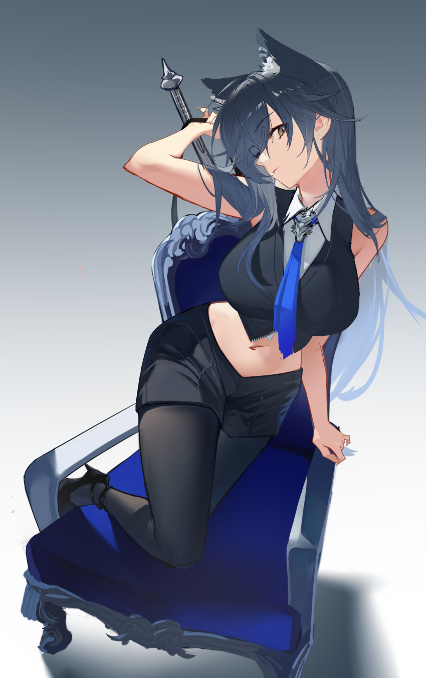 1girl absurdres alternate_costume animal_ears arknights arm_behind_head bare_arms bare_shoulders black_background black_hair black_pantyhose black_shoes blue_necktie breasts chair chinese_commentary closed_mouth collared_shirt commentary commentary_request crop_top cropped_shirt dong_tsugumi english_commentary gradient_background grey_eyes hair_between_eyes high_heels highres large_breasts long_hair looking_at_viewer midriff mixed-language_commentary multicolored_hair navel necktie on_chair pantyhose pantyhose_under_shorts shirt shoes short_shorts shorts simple_background sleeveless sleeveless_shirt solo standing standing_on_chair sword tail texas_(arknights) texas_the_omertosa_(arknights) two-tone_hair weapon white_background white_hair white_shirt wolf_ears wolf_girl wolf_tail