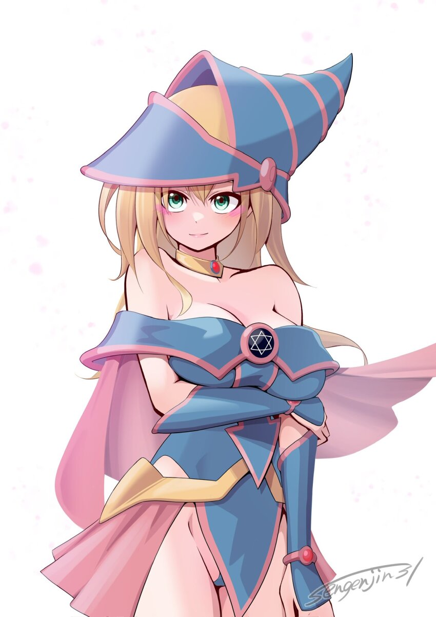1girl arm_under_breasts artist_name bare_shoulders blonde_hair blue_dress blue_hat blue_panties blush breasts capelet cleavage closed_mouth dark_magician_girl dress duel_monster green_eyes hair_between_eyes hat hexagram highres long_hair looking_at_viewer panties pink_capelet sengenjin31 short_dress signature solo underwear white_background wizard_hat yu-gi-oh!