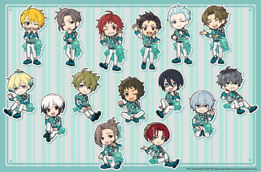 6+boys :d ^_^ black_hair blonde_hair blue_eyes blue_hair blush brown_eyes brown_hair chibi chibi_only closed_eyes colored_tips commentary_request copyright_name copyright_notice crossed_legs enjoji_michiru facial_hair goatee_stubble green_eyes green_hair grey_hair grin half_updo hanazono_momohito hazama_michio highres idolmaster idolmaster_side-m indian_style kamiya_yukihiro kashiwagi_tsubasa kimura_ryu kitamura_sora kuzunoha_amehiko looking_at_viewer maita_rui male_focus mayumi_eishin multicolored_hair multiple_boys mustache_stubble official_art one_eye_closed open_mouth red_hair sakuraba_kaoru seiza short_hair sitting smile smirk stubble takajo_kyoji tendo_teru two-tone_hair uchikoshi2525 v v-shaped_eyebrows watanabe_minori white_hair yamashita_jiro