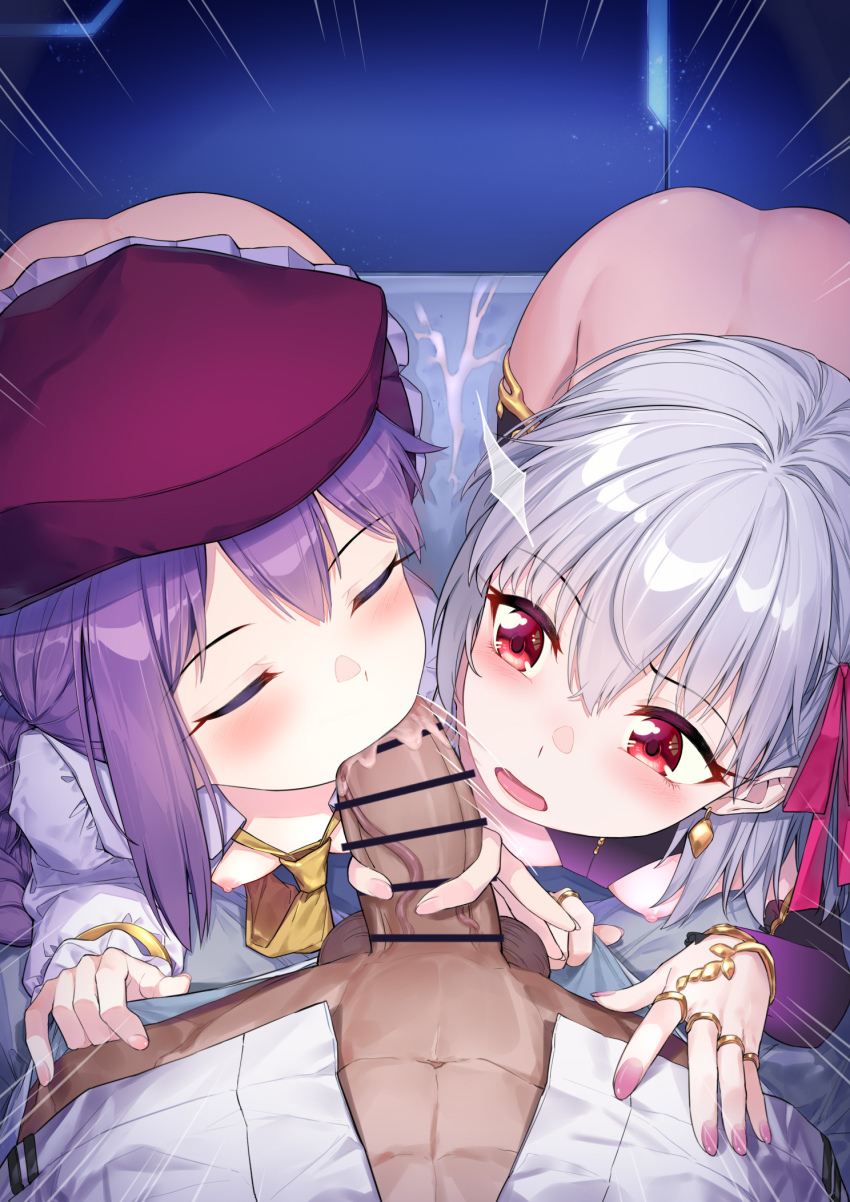 1boy 2girls aged_down ass bar_censor blush breasts censored closed_eyes coffeekite cum cum_in_mouth erection fate/grand_order fate_(series) fellatio ffm_threesome grey_hair group_sex highres kama_(fate) kama_(first_ascension)_(fate) long_hair multiple_girls necktie nipples oral penis pov purple_hair red_eyes short_hair sion_eltnam_(type-moon) sion_eltnam_sokaris small_breasts threesome white_hair yellow_necktie