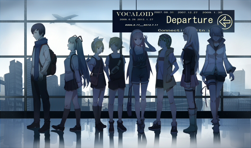 00s 10s 2006 2009 2012 2013 2boys 6+girls ^_^ aircraft airplane airport alternate_costume aqua_hair arrow_(symbol) backpack bad_id bad_pixiv_id bag black_pants black_skirt black_socks blue_eyes blue_hair botos bow braid building closed_eyes clothes_writing collared_shirt contrail copyright_name dated detached_sleeves goggles goggles_on_head green_eyes green_hair grey_hair grey_legwear gumi hair_bow hair_ornament hairband hand_in_pocket hatsune_miku headphones holding holding_bag hood hooded_jacket ia_(vocaloid) jacket jet_airliner kagamine_len kagamine_rin kaito_(vocaloid) kneehighs legs_apart lineup loglancer long_hair long_sleeves looking_at_viewer megurine_luka miniskirt multiple_boys multiple_girls pants pink_hair pink_skirt pleated_skirt ponytail power_lines reflection ribbon scarf shirt shoes short_hair short_sleeves shorts shoulder_bag single_thighhigh skirt sky sneakers socks swept_bangs t-shirt thigh_strap thighhighs twintails utility_pole utility_pole_(object) very_long_hair vocaloid vocanese vsinger_(vocaloid) walking white_bow white_hair yanhe