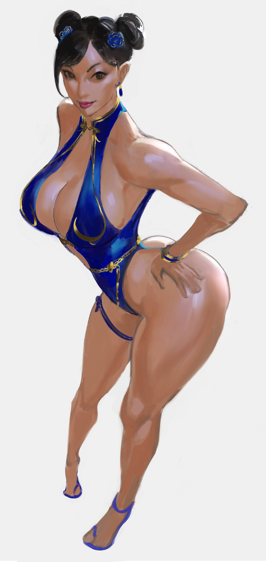 1girl absurdres alternate_costume ass back bare_legs bare_shoulders blue_one-piece_swimsuit bracelet brown_hair capcom chun-li curvy double_bun full_body hair_bun highleg highleg_one-piece_swimsuit highres huge_ass jewelry looking_at_viewer mashingvaquita official_alternate_costume one-piece_swimsuit outdoors parted_lips shiny_skin skindentation smile solo standing street_fighter street_fighter_6 swimsuit thighlet thong_one-piece_swimsuit wide_hips