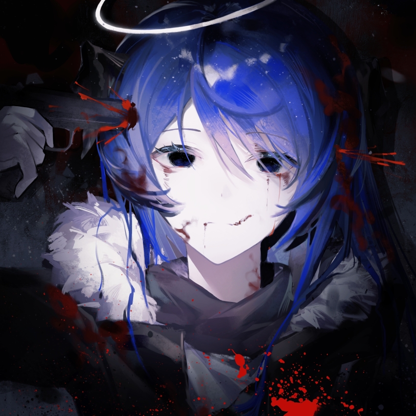 1girl absurdres arknights black_background black_eyes black_jacket blood blood_from_mouth blood_in_hair blood_on_clothes blood_on_face bloody_tears blue_hair chinese_commentary closed_mouth demon_horns empty_eyes finger_on_trigger fur-trimmed_hood fur-trimmed_jacket fur_trim gun gun_to_head hair_between_eyes halo handgun highres holding holding_gun holding_weapon hood hood_down horns jacket long_hair long_sleeves looking_at_viewer mostima_(arknights) portrait shirt simple_background smile solo straight-on suicide turtleneck weapon white_halo white_shirt zhiqizhe06570