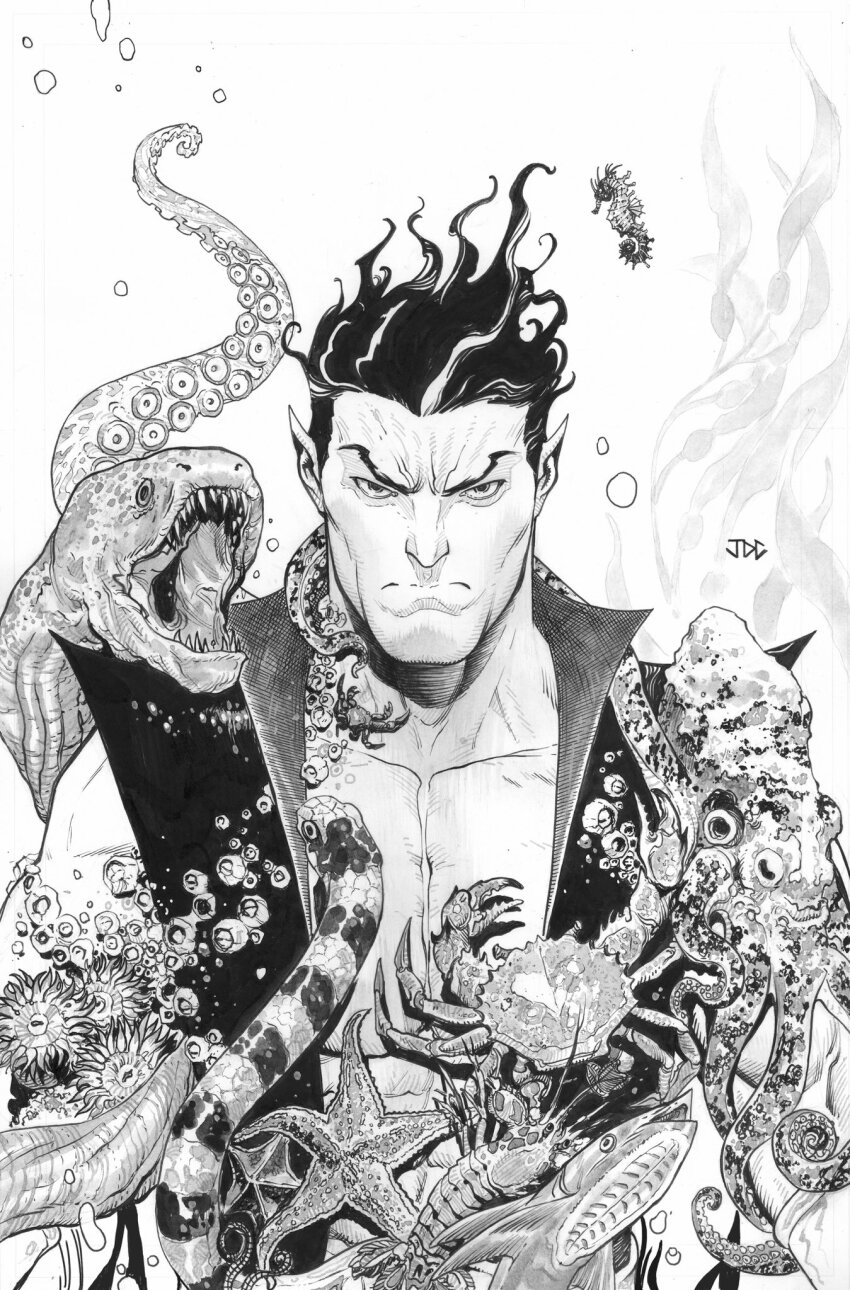 1boy abs anemone_(flower) barnacle bodysuit bubble crab eel fish flower highres josh_cassara looking_at_viewer marvel monochrome namor octopus pointy_ears seahorse serious sharp_teeth short_hair shrimp snake starfish teeth underwater