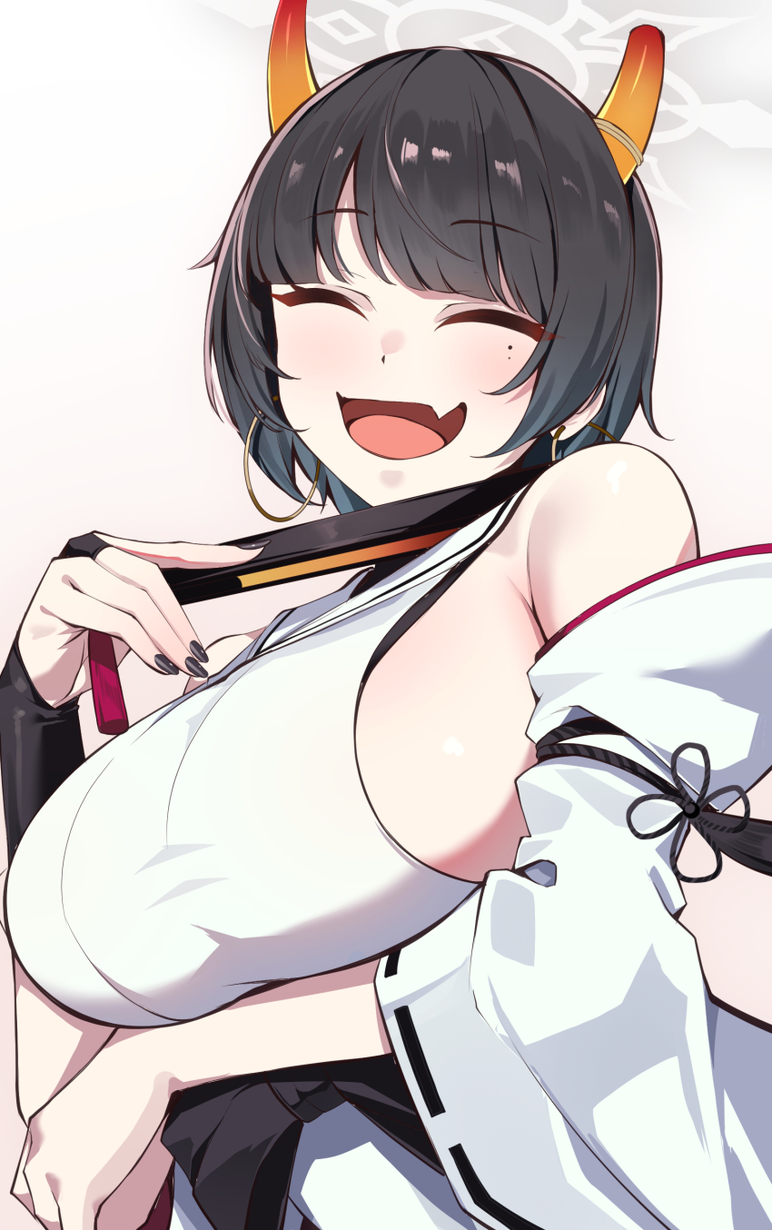 1girl absurdres bare_shoulders black_hair blue_archive blunt_bangs blush breasts bridal_gauntlets broken_horn closed_eyes detached_sleeves earrings eyeliner folding_fan halo hand_fan highres hoop_earrings horns japanese_clothes jewelry kimono large_breasts makeup mole mole_under_eye niya_(blue_archive) open_mouth short_hair sideboob single_bridal_gauntlet sleeveless sleeveless_kimono smile solo tassel white_kimono wide_sleeves yoshimoto_(carpsukidayo)