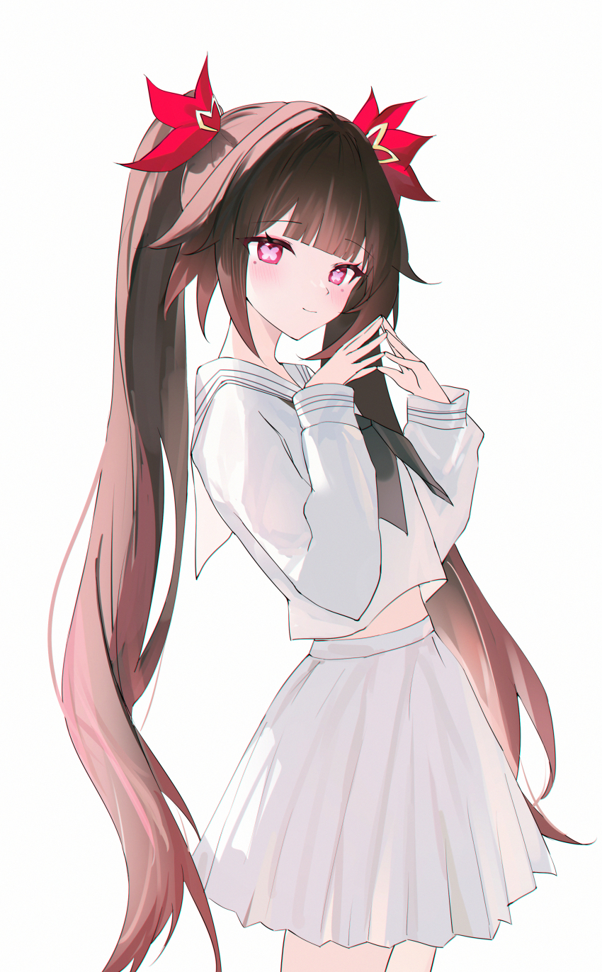 1girl absurdres alternate_costume black_neckerchief blunt_bangs blunt_ends brown_hair commentary cowboy_shot highres honkai:_star_rail honkai_(series) long_hair looking_at_viewer midriff_peek neckerchief red_eyes sailor_collar school_uniform serafuku shirt simple_background skirt solo sparkle_(honkai:_star_rail) symbol-shaped_pupils twintails usagi_(786113654) white_background white_sailor_collar white_shirt white_skirt x-shaped_pupils