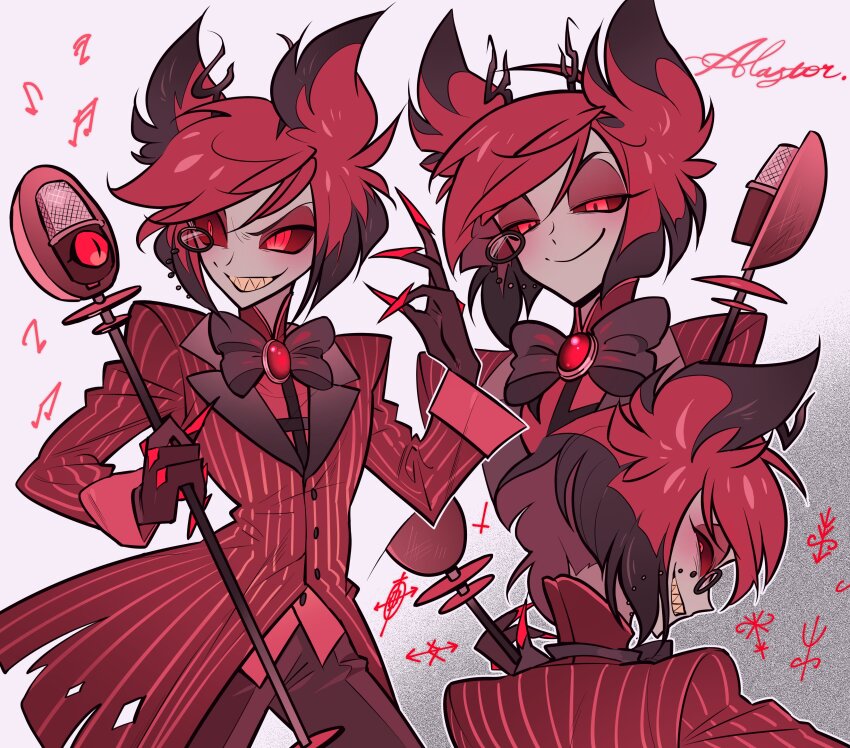 1boy absurdres alastor_(hazbin_hotel) animal_ears black_bow black_hair bow bowtie brooch brown_gloves character_name claw_ring closed_mouth coat colored_skin colored_teeth constricted_pupils deer_boy deer_ears demon_boy evil_grin evil_smile eyewear_strap gloves glowing glowing_eyes gradient_background grey_background grey_skin grin half-closed_eyes hand_up hazbin_hotel highres holding holding_microphone jewelry long_sleeves looking_at_viewer looking_back male_focus meremero microphone monocle multicolored_hair multiple_views musical_note outline pants red_coat red_eyes red_hair red_pants red_shirt red_vest shirt short_hair sigil simple_background smile striped_coat torn_clothes torn_coat traditional_bowtie two-tone_hair vest vintage_microphone white_background white_outline yellow_teeth