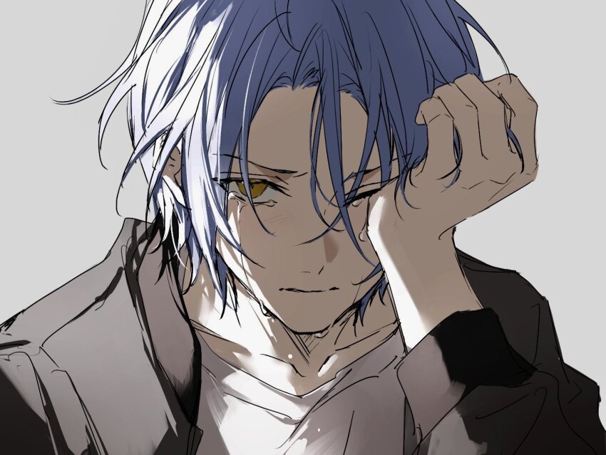 1boy black_shirt blue_hair close-up closed_mouth collarbone crying ensemble_stars! grey_background hand_over_eye head_down himeru_(ensemble_stars!) light_blush light_frown looking_at_viewer male_focus medium_hair nozz177 one_eye_closed open_clothes open_shirt shadow shirt simple_background solo tears white_shirt yellow_eyes