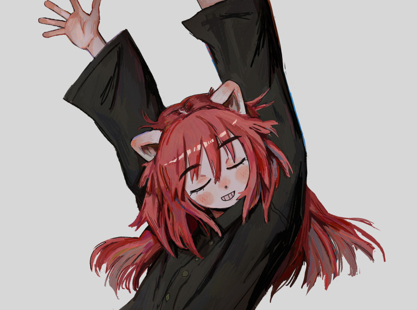 1girl absurdres bare_arms black_shirt blush buttons closed_eyes elfen_lied fffkorobka grin hair_between_eyes highres horns long_hair lucy_(elfen_lied) nyuu pink_hair shirt smile solo upper_body white_background